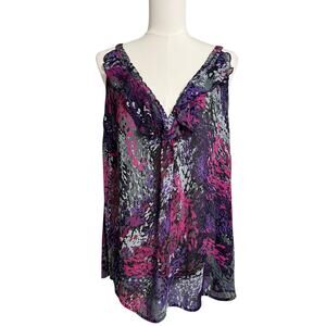 Avenue Tank Top Womens 18/20 Multicolor Ruffle V Neck Chiffon Animal Print